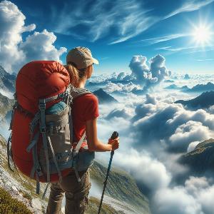 female backpacker hiking up a mountain on blue sky with puffy white clouds-7